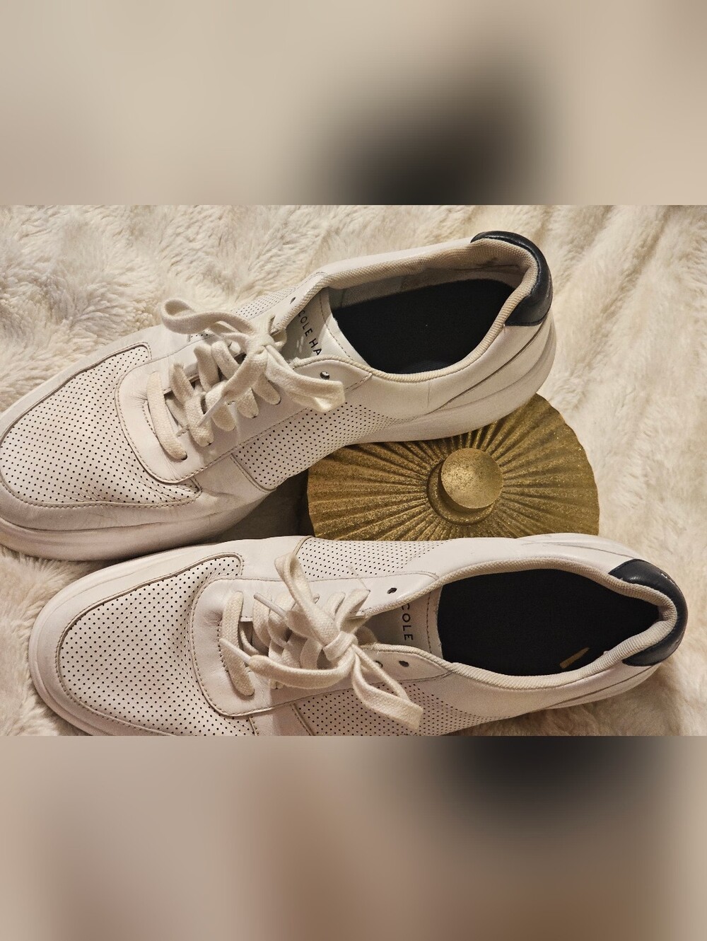 Cole Haan White Leather Perforated Men's Sneakers with Black Heel Accent
